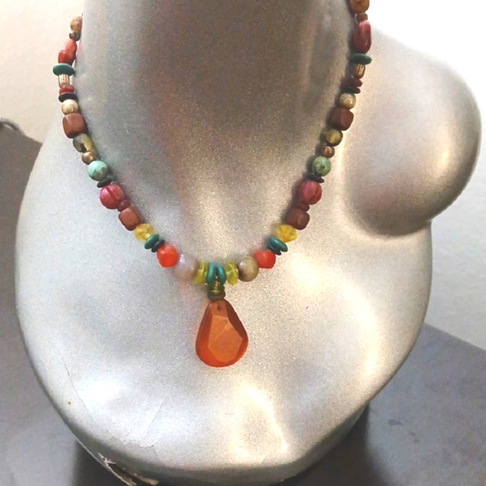 VINTAGE Multicolor Natural Gemstone Beaded Toggle Necklace with Pendant